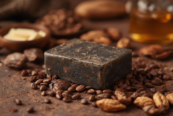 afrikaanse zwarte zeep zonder tekst of merk, met de ingredienten erond een gezellige cozy achtergrond